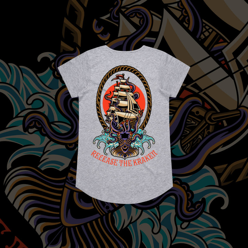 Release the Kraken - Drop neck tee, Grey Marle & Rose
