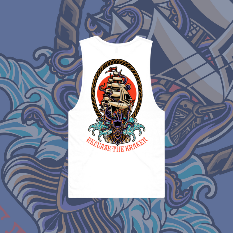 Release the Kraken - Unisex surfer tank - Black & White.