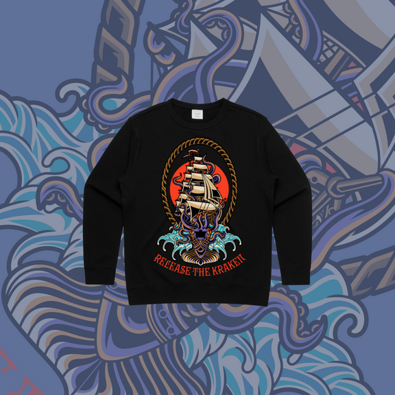 Release the Kraken- Premium Women's Crew,Black & Grey