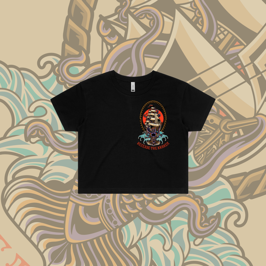 Release the Kraken  - Crop Tee, Black, White.