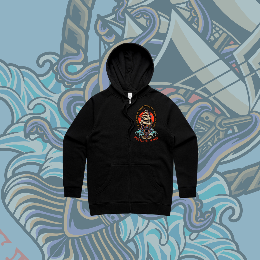 Release the Kraken- Zipper Hoodie, Black