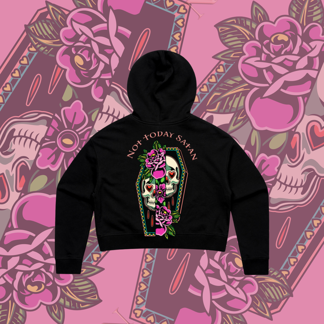 Not Today Satan - Crop Hoodie, Black & Pink