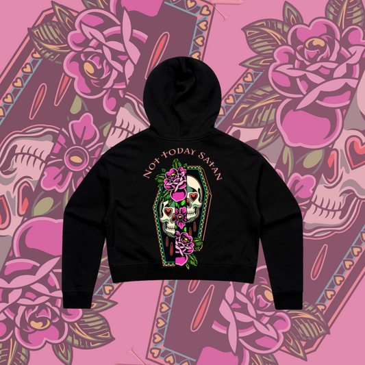 Not Today Satan - Crop Hoodie, Black & Pink