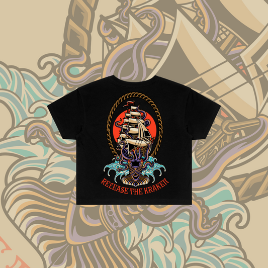 Release the Kraken  - Crop Tee, Black, White.
