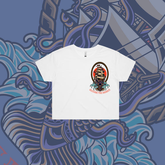 Release the Kraken  - Crop Tee, Black, White.