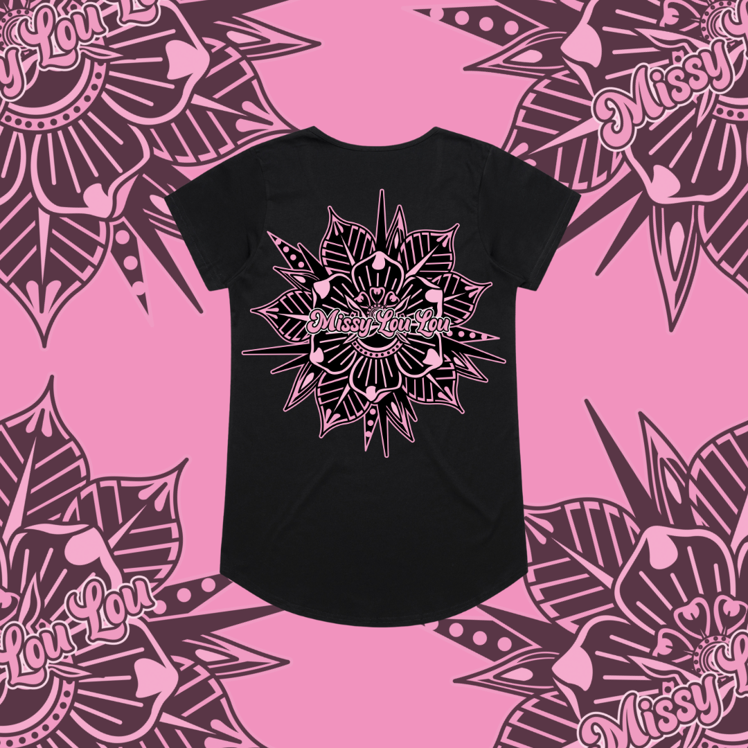 Rosy Posy - Drop neck tee, Black & White