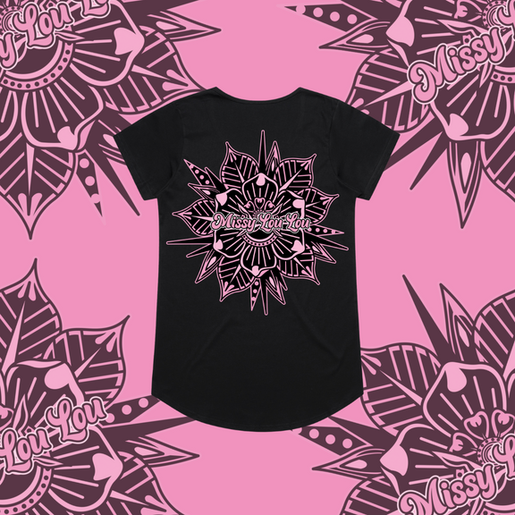 Rosy Posy - Drop neck tee, Black & White
