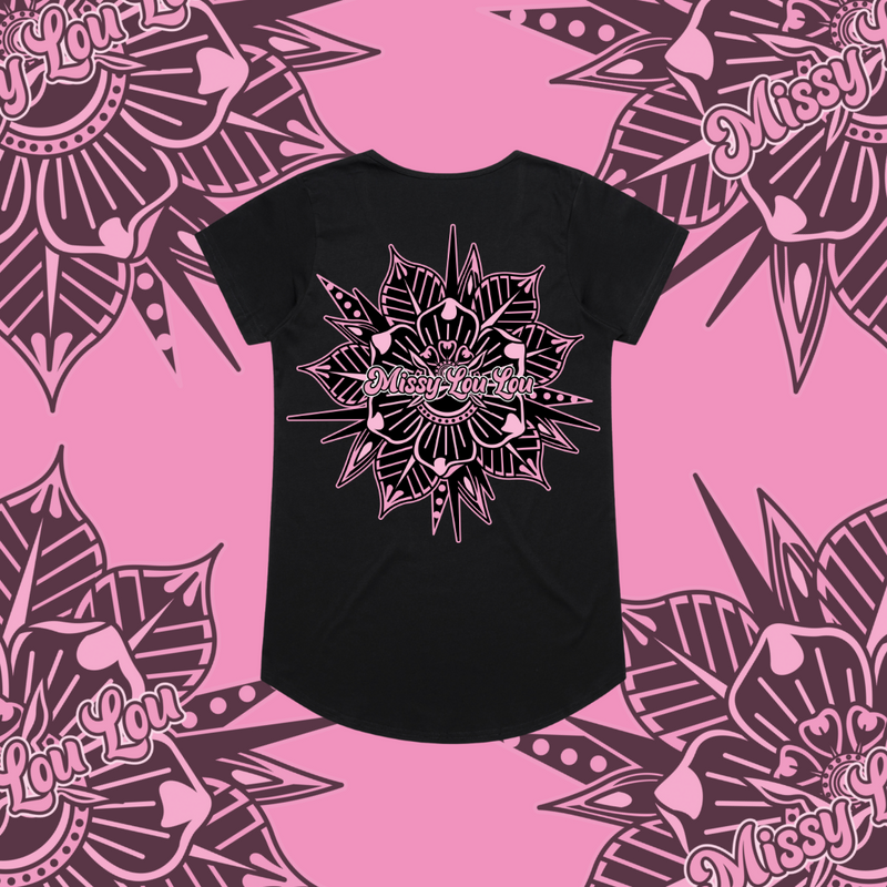 Rosy Posy - Drop neck tee, Black & White