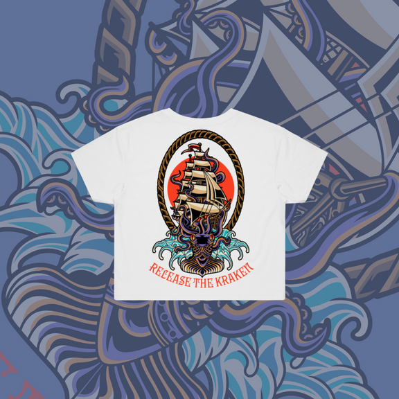 Release the Kraken  - Crop Tee, Black, White.